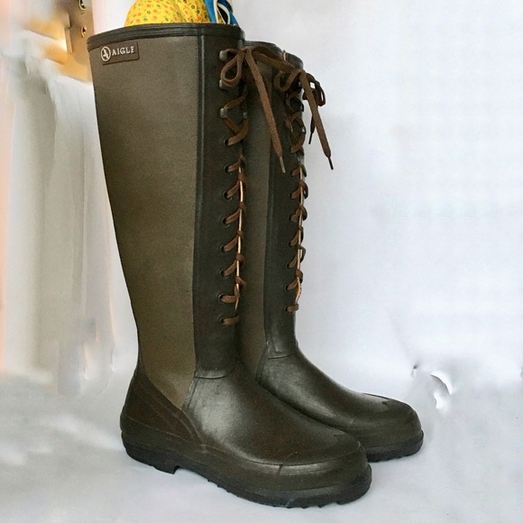 Agile Rain Rubber Boots Tall Lace upSsize EU 39 Made in France Brown - Picture 1 of 10
